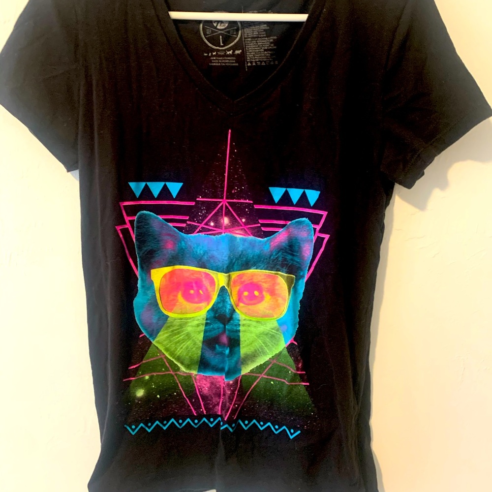 Black v-neck shirt with cat laser eyes and glasses
